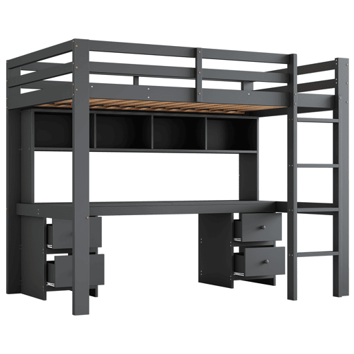 Cama mezzanine 90x200 cm - com secretária e 2 cómodas - pinho maciço e MDF - Cinzento