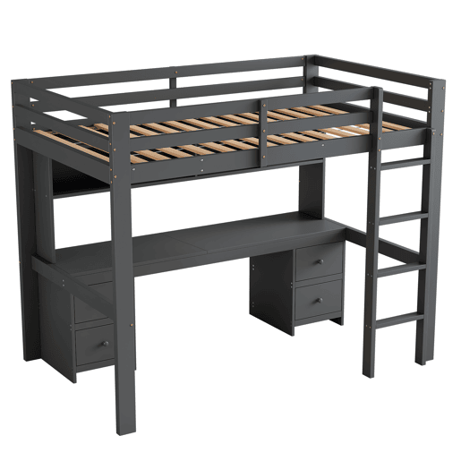 Cama mezzanine 90x200 cm - com secretária e 2 cómodas - pinho maciço e MDF - Cinzento