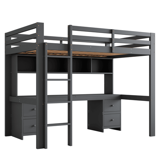 Cama mezzanine 90x200 cm - com secretária e 2 cómodas - pinho maciço e MDF - Cinzento