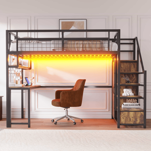 Beliche alto em metal 140x200 cm - com escada com espaço de arrumação, roupeiro integrado, prateleira, secretária, estante em rede, faixa de luz e tomada - preto