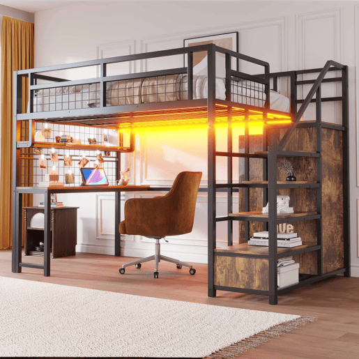 Beliche alto em metal 140x200 cm - com escada com espaço de arrumação, roupeiro integrado, prateleira, secretária, estante em rede, faixa de luz e tomada - preto