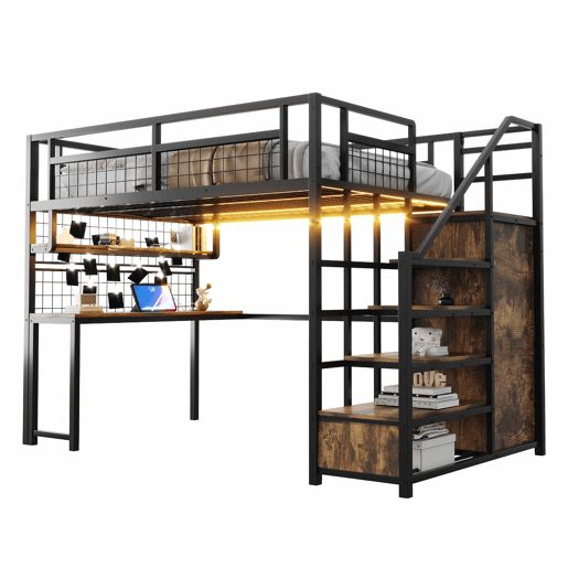 Beliche alto em metal 140x200 cm - com escada com espaço de arrumação, roupeiro integrado, prateleira, secretária, estante em rede, faixa de luz e tomada - preto