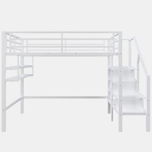 Cama alta metálica 140x200 cm - com prateleira e escada de arrumação - Branco