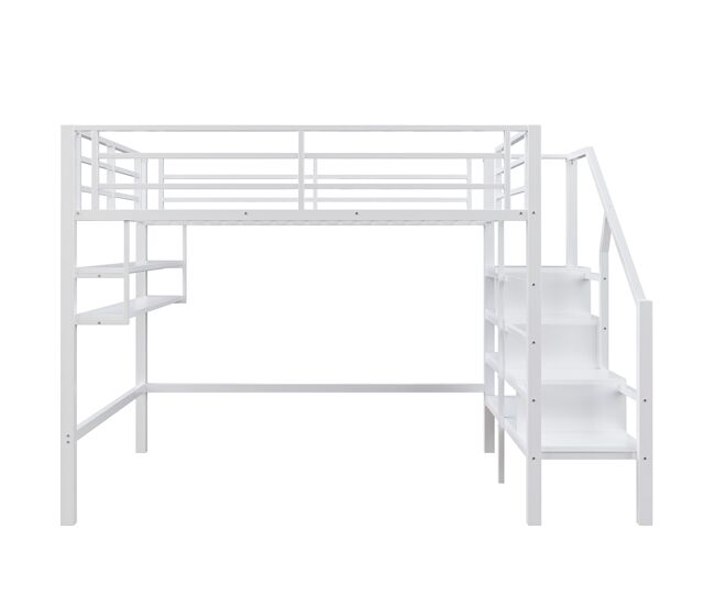 Cama alta de metal de 140x200 cm - con estante y escalera de almacenaje - color blanco