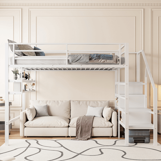 Cama alta metálica 140x200 cm - com prateleira e escada de arrumação - Branco Cama alta metálica 140x200 cm - com prateleira e escada de arrumação - Branco