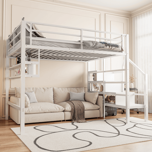 Cama alta metálica 140x200 cm - com prateleira e escada de arrumação - Branco Cama alta metálica 140x200 cm - com prateleira e escada de arrumação - Branco