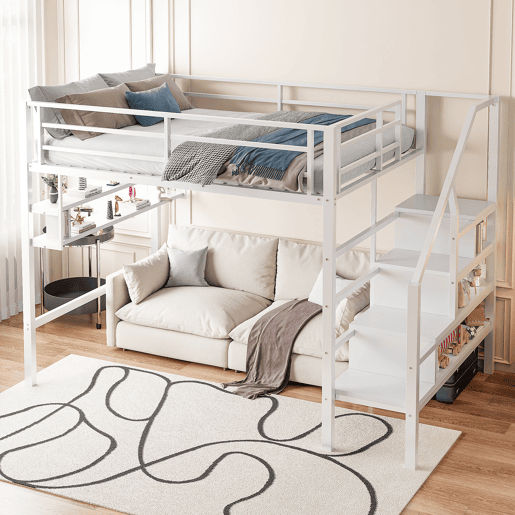 Cama alta metálica 140x200 cm - com prateleira e escada de arrumação - Branco Cama alta metálica 140x200 cm - com prateleira e escada de arrumação - Branco
