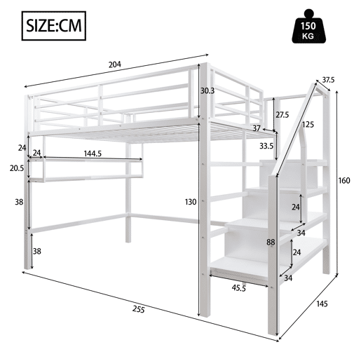 Cama alta metálica 140x200 cm - com prateleira e escada de arrumação - Branco Cama alta metálica 140x200 cm - com prateleira e escada de arrumação - Branco