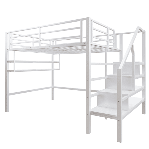 Cama alta metálica 140x200 cm - com prateleira e escada de arrumação - Branco Cama alta metálica 140x200 cm - com prateleira e escada de arrumação - Branco