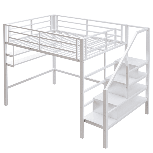 Cama alta metálica 140x200 cm - com prateleira e escada de arrumação - Branco Cama alta metálica 140x200 cm - com prateleira e escada de arrumação - Branco