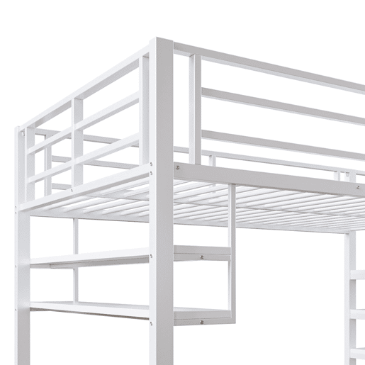 Cama alta metálica 140x200 cm - com prateleira e escada de arrumação - Branco Cama alta metálica 140x200 cm - com prateleira e escada de arrumação - Branco