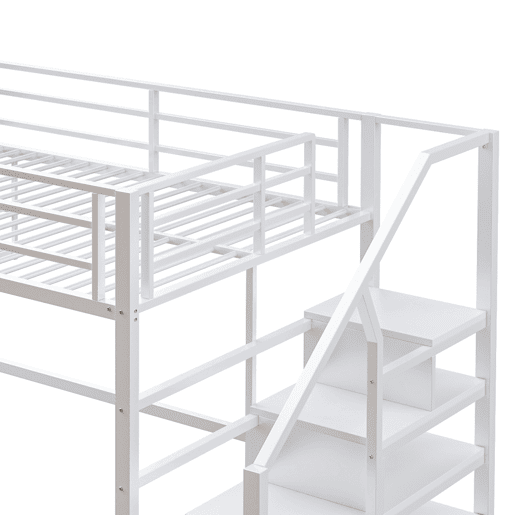 Cama alta metálica 140x200 cm - com prateleira e escada de arrumação - Branco Cama alta metálica 140x200 cm - com prateleira e escada de arrumação - Branco