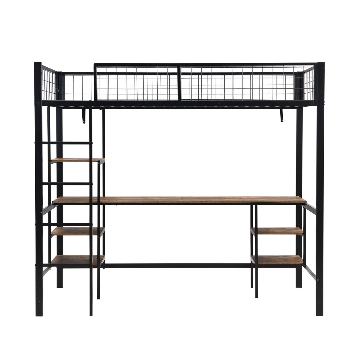 Cama litera 90x200cm - con mesa y estantería, con escalera de 4 peldaños - negro + color madera oscura