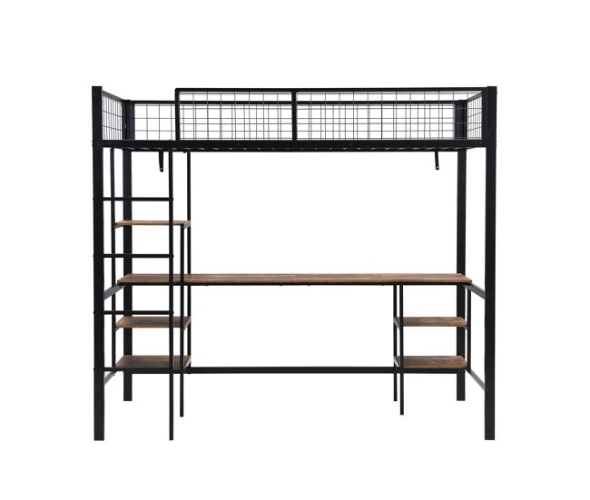 Cama litera 90x200cm - con mesa y estantería, con escalera de 4 peldaños - negro + color madera oscura