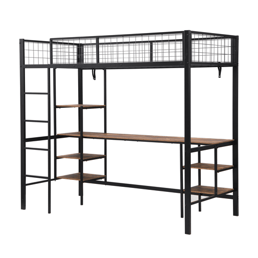 Beliche 90x200cm - Com mesa e estante, com escada de 4 degraus - Preto + cor madeira escura