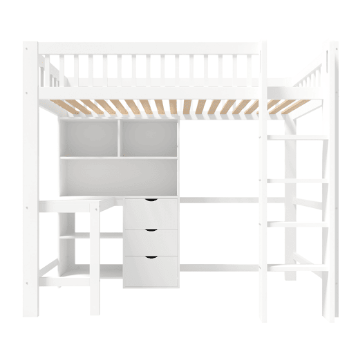 Cama alta 90x200 cm - Com prateleiras, secretária, 3 gavetas, escada - Branca Cama alta 90x200 cm - Com prateleiras, secretária, 3 gavetas, escada - Branca