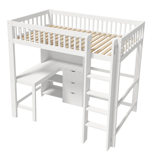 Cama alta 90x200 cm - Com prateleiras, secretária, 3 gavetas, escada - Branca Cama alta 90x200 cm - Com prateleiras, secretária, 3 gavetas, escada - Branca