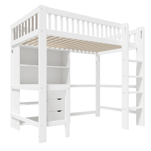 Cama alta 90x200 cm - Com prateleiras, secretária, 3 gavetas, escada - Branca Cama alta 90x200 cm - Com prateleiras, secretária, 3 gavetas, escada - Branca