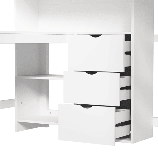 Cama alta 90x200 cm - Com prateleiras, secretária, 3 gavetas, escada - Branca Cama alta 90x200 cm - Com prateleiras, secretária, 3 gavetas, escada - Branca