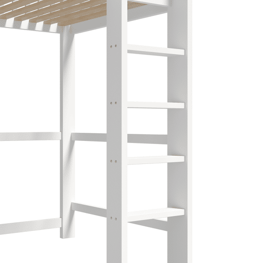 Cama alta 90x200 cm - Com prateleiras, secretária, 3 gavetas, escada - Branca Cama alta 90x200 cm - Com prateleiras, secretária, 3 gavetas, escada - Branca