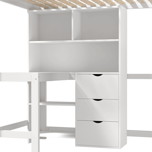 Cama alta 90x200 cm - Com prateleiras, secretária, 3 gavetas, escada - Branca Cama alta 90x200 cm - Com prateleiras, secretária, 3 gavetas, escada - Branca