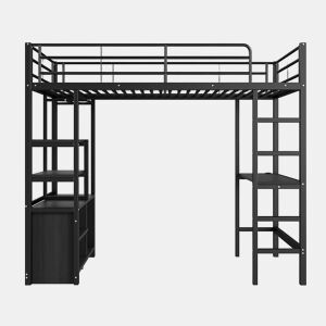 Cama loft metálica 90x200 cm - com secretária + tomadas USB + barreiras - Preto