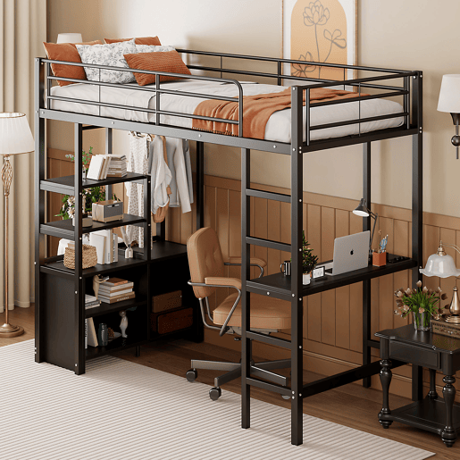 Cama loft metálica 90x200 cm - com secretária + tomadas USB + barreiras - Preto Cama loft metálica 90x200 cm - com secretária + tomadas USB + barreiras - Preto