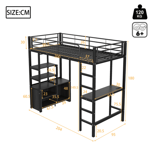 Cama loft metálica 90x200 cm - com secretária + tomadas USB + barreiras - Preto Cama loft metálica 90x200 cm - com secretária + tomadas USB + barreiras - Preto