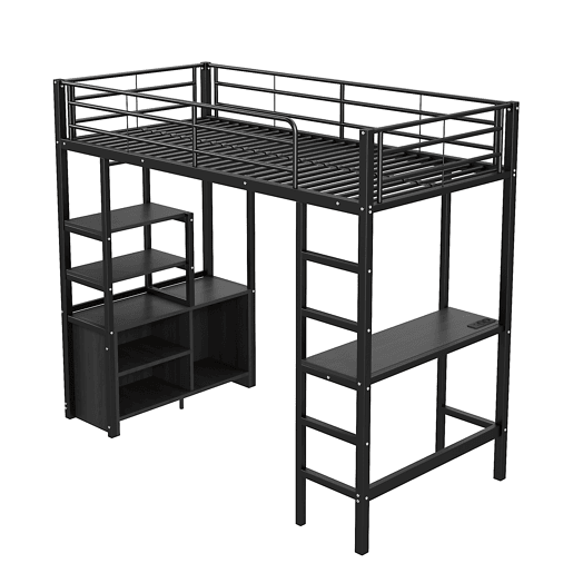 Cama loft metálica 90x200 cm - com secretária + tomadas USB + barreiras - Preto Cama loft metálica 90x200 cm - com secretária + tomadas USB + barreiras - Preto