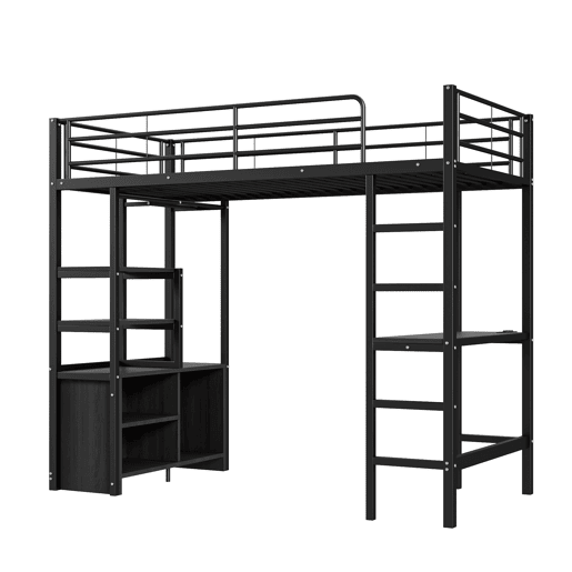 Cama loft metálica 90x200 cm - com secretária + tomadas USB + barreiras - Preto Cama loft metálica 90x200 cm - com secretária + tomadas USB + barreiras - Preto