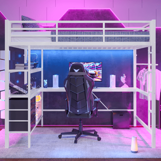 Cama alta 140*200 cm - Com luzes LED, secretária, tomada + USB, 3 gavetas, prateleiras, grade, escada - Branco Cama alta 140*200 cm - Com luzes LED, secretária, tomada + USB, 3 gavetas, prateleiras, grade, escada - Branco