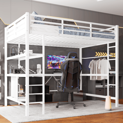 Cama alta 140*200 cm - Com luzes LED, secretária, tomada + USB, 3 gavetas, prateleiras, grade, escada - Branco Cama alta 140*200 cm - Com luzes LED, secretária, tomada + USB, 3 gavetas, prateleiras, grade, escada - Branco