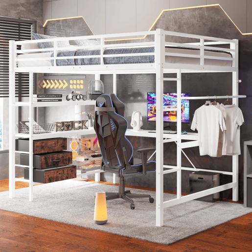 Cama alta 140*200 cm - Com luzes LED, secretária, tomada + USB, 3 gavetas, prateleiras, grade, escada - Branco Cama alta 140*200 cm - Com luzes LED, secretária, tomada + USB, 3 gavetas, prateleiras, grade, escada - Branco