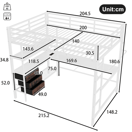 Cama alta 140*200 cm - Com luzes LED, secretária, tomada + USB, 3 gavetas, prateleiras, grade, escada - Branco Cama alta 140*200 cm - Com luzes LED, secretária, tomada + USB, 3 gavetas, prateleiras, grade, escada - Branco