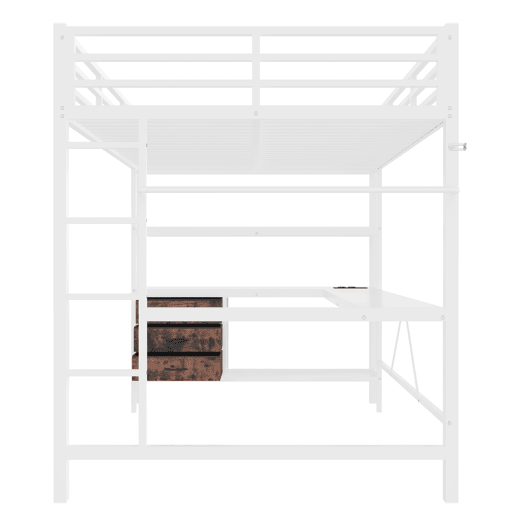 Cama alta 140*200 cm - Com luzes LED, secretária, tomada + USB, 3 gavetas, prateleiras, grade, escada - Branco Cama alta 140*200 cm - Com luzes LED, secretária, tomada + USB, 3 gavetas, prateleiras, grade, escada - Branco