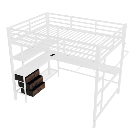 Cama alta 140*200 cm - Com luzes LED, secretária, tomada + USB, 3 gavetas, prateleiras, grade, escada - Branco Cama alta 140*200 cm - Com luzes LED, secretária, tomada + USB, 3 gavetas, prateleiras, grade, escada - Branco