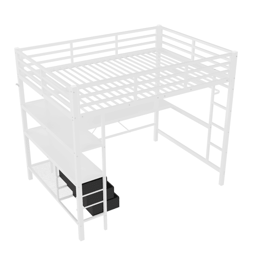 Cama alta 140*200 cm - Com luzes LED, secretária, tomada + USB, 3 gavetas, prateleiras, grade, escada - Branco Cama alta 140*200 cm - Com luzes LED, secretária, tomada + USB, 3 gavetas, prateleiras, grade, escada - Branco