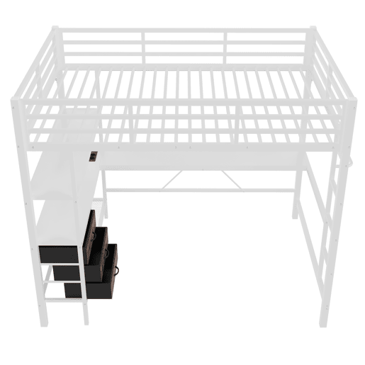 Cama alta 140*200 cm - Com luzes LED, secretária, tomada + USB, 3 gavetas, prateleiras, grade, escada - Branco Cama alta 140*200 cm - Com luzes LED, secretária, tomada + USB, 3 gavetas, prateleiras, grade, escada - Branco