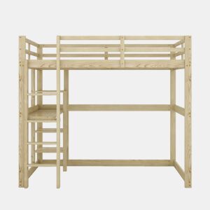 Cama alta infantil 140x200 cm - Estrutura com arrumação, 4 prateleiras e secretária - Natural