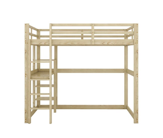 Cama alta infantil 140x200 cm - estructura con almacenamiento, 4 estantes y escritorio - natural
