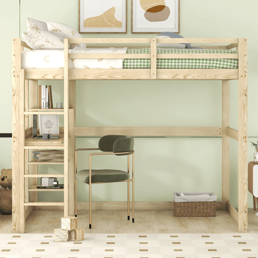 Cama alta infantil 140x200 cm - Estrutura com arrumação, 4 prateleiras e secretária - Natural
