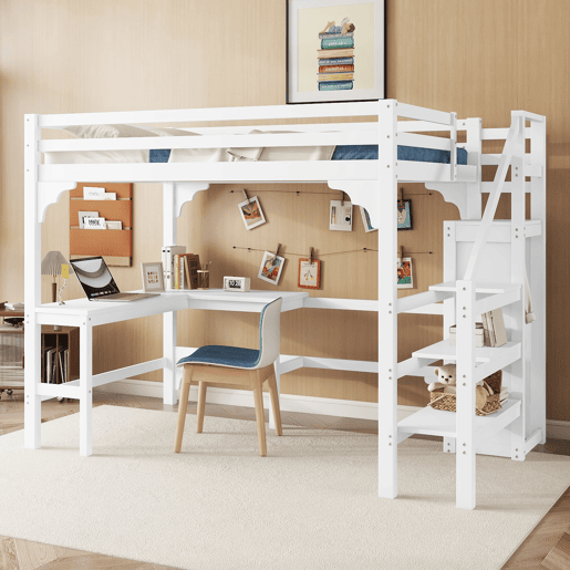 Cama alta de madeira 140x200 cm - com secretária, roupeiro e estrado - Branco