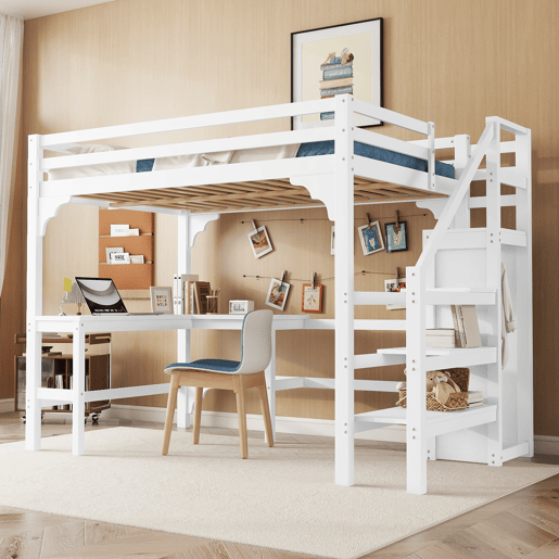 Cama alta de madeira 140x200 cm - com secretária, roupeiro e estrado - Branco