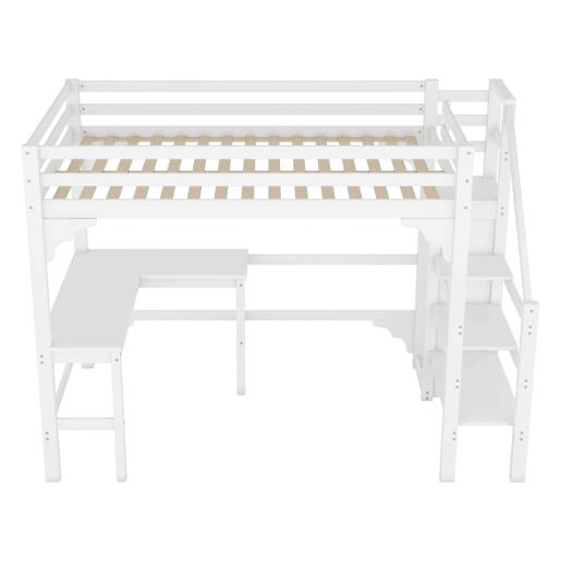 Cama alta de madeira 140x200 cm - com secretária, roupeiro e estrado - Branco