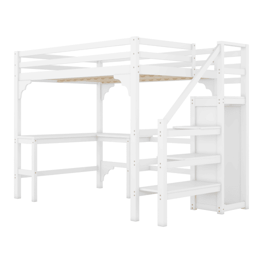 Cama alta de madeira 140x200 cm - com secretária, roupeiro e estrado - Branco