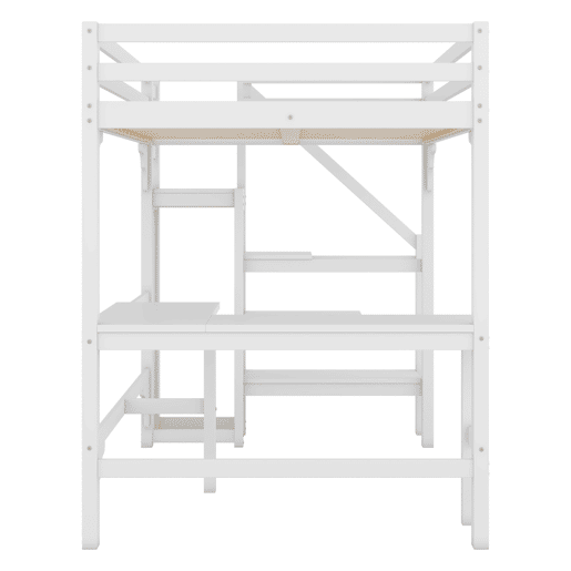 Cama alta de madeira 140x200 cm - com secretária, roupeiro e estrado - Branco