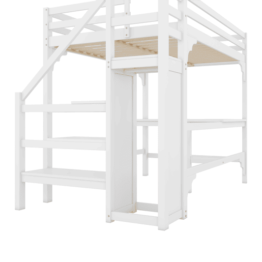 Cama alta de madeira 140x200 cm - com secretária, roupeiro e estrado - Branco