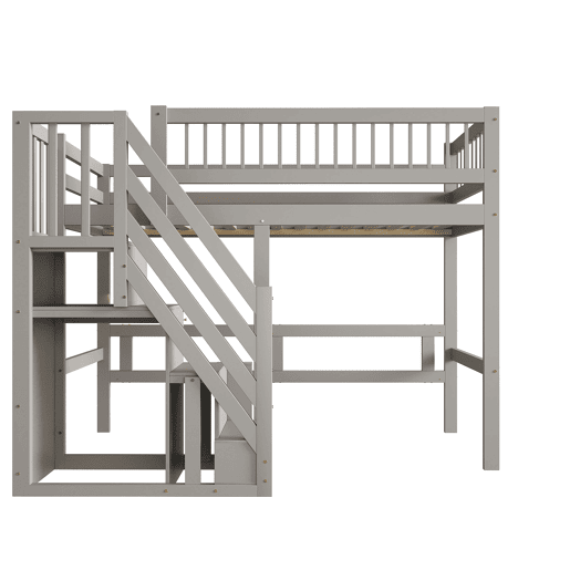 Cama alta em madeira maciça 90x200 - com escada e armário de arrumação, cama individual para crianças e jovens - cinzenta