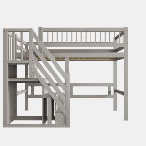 Cama alta em madeira maciça 90x200 - com escada e armário de arrumação, cama individual para crianças e jovens - cinzenta