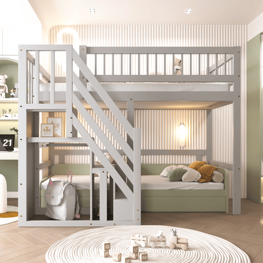Cama alta em madeira maciça 90x200 - com escada e armário de arrumação, cama individual para crianças e jovens - cinzenta